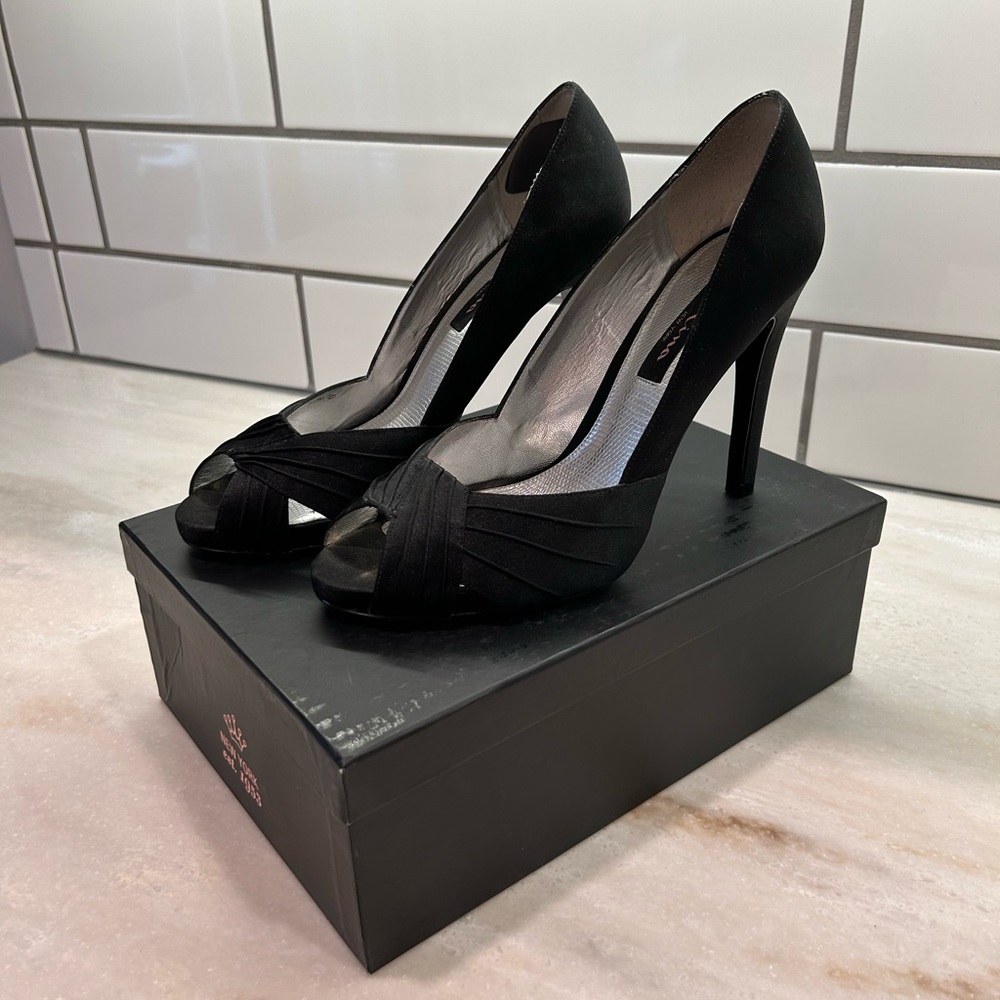 Nina Papina black luster peep toe heels